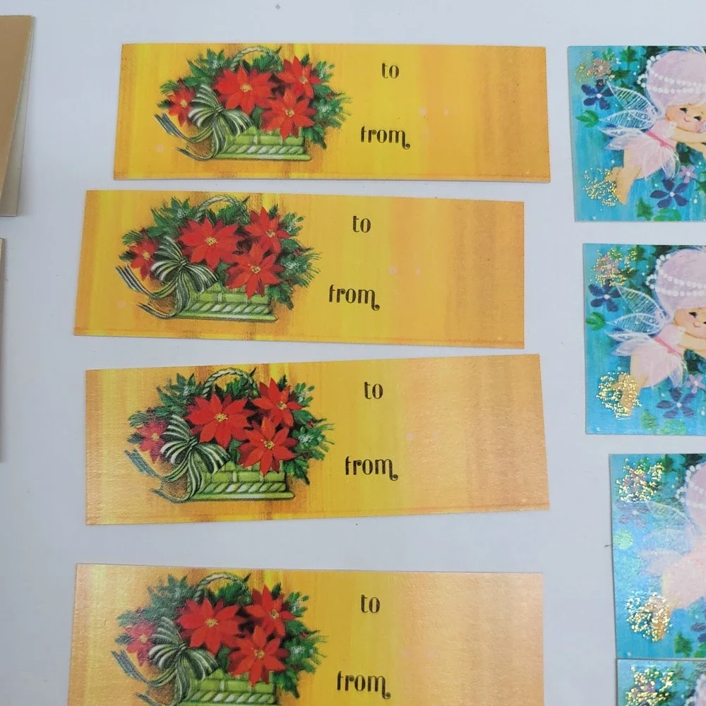 Vtg Christmas Gift Tags/Seals Lot 186pc Currier & Ives Retro Santa Angel Unused